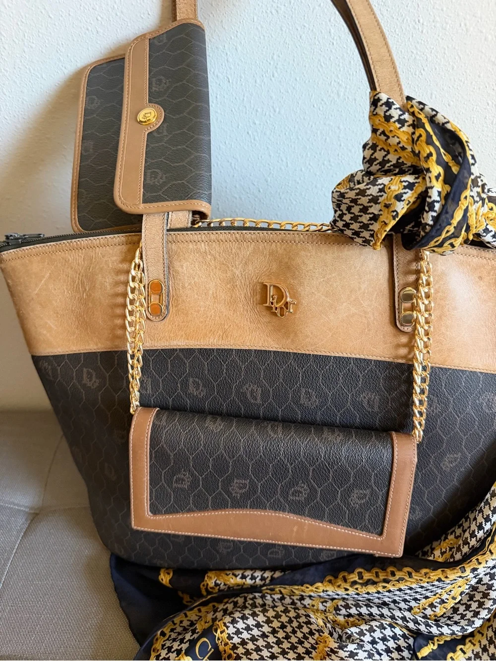 Dior Black Honeycomb & Tan Leather Vintage Tote, Long Wallet, Pouch & Scarf Set! - Picture 2 of 16